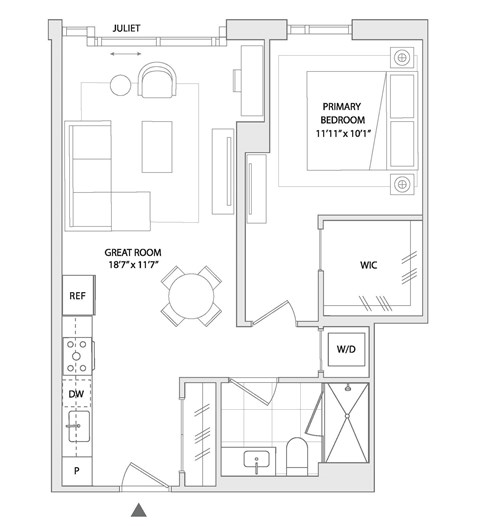 Floor plan for 1 bed, 1 bath, 731 sqft